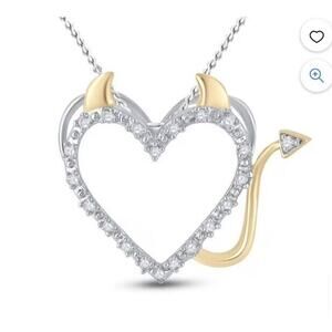 Sterling Silver 1/20 Ct Diamond Heart Devil Horns 14k Rose Gold Pendant Necklace